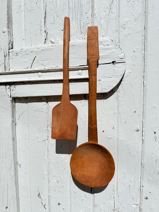 Antique Wood-Carved Folk Art Ladle & Spatula Set