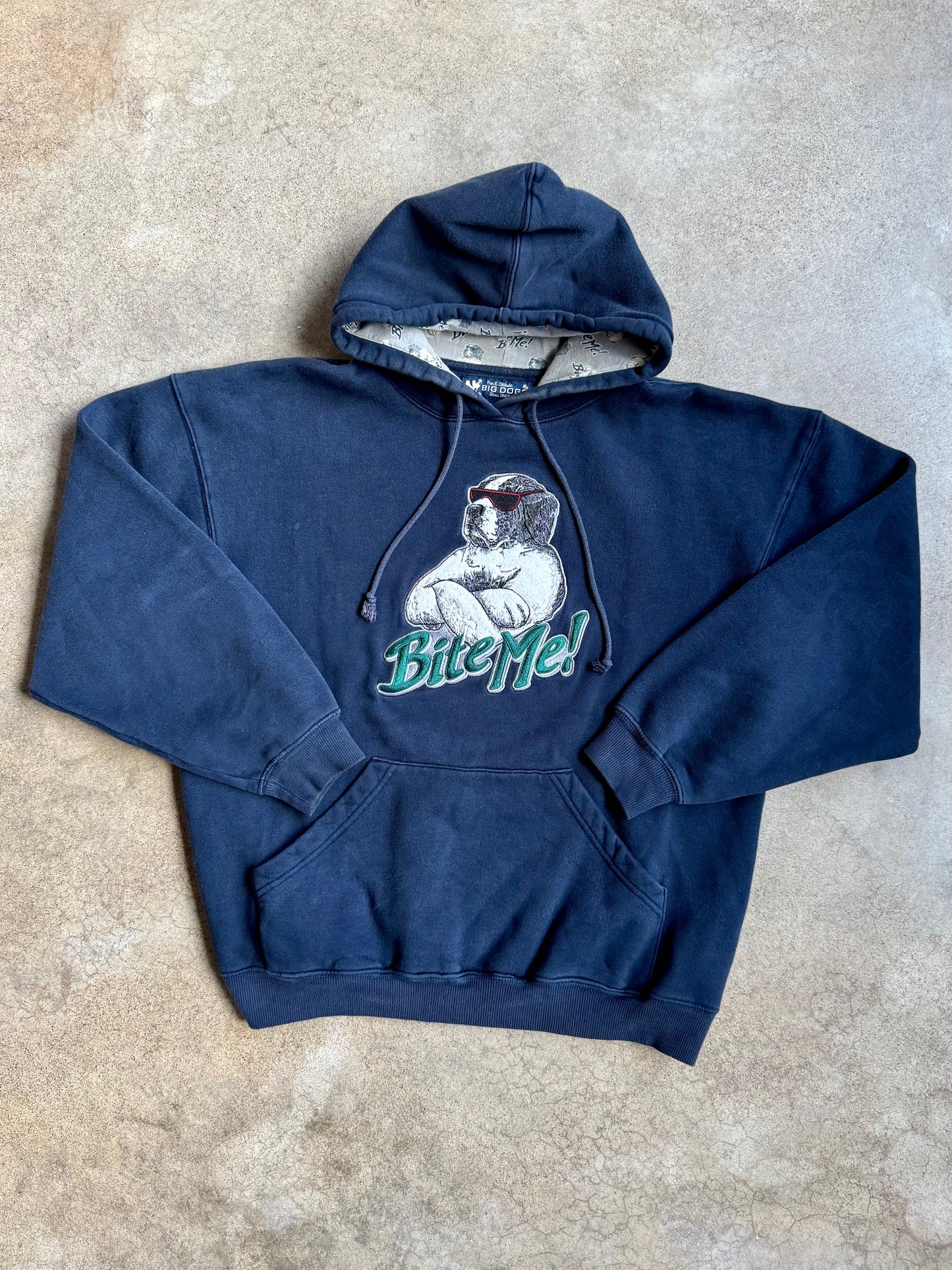 Vintage 1990s Big Dogs "Bite Me" Navy Blue Hoodie | Medium