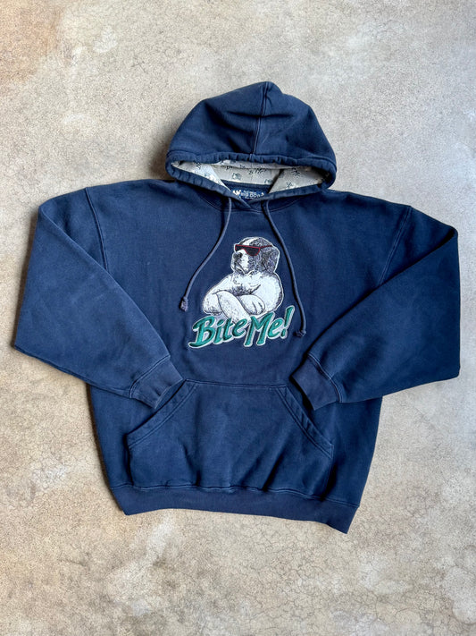 Vintage 1990s Big Dogs "Bite Me" Navy Blue Hoodie | Medium