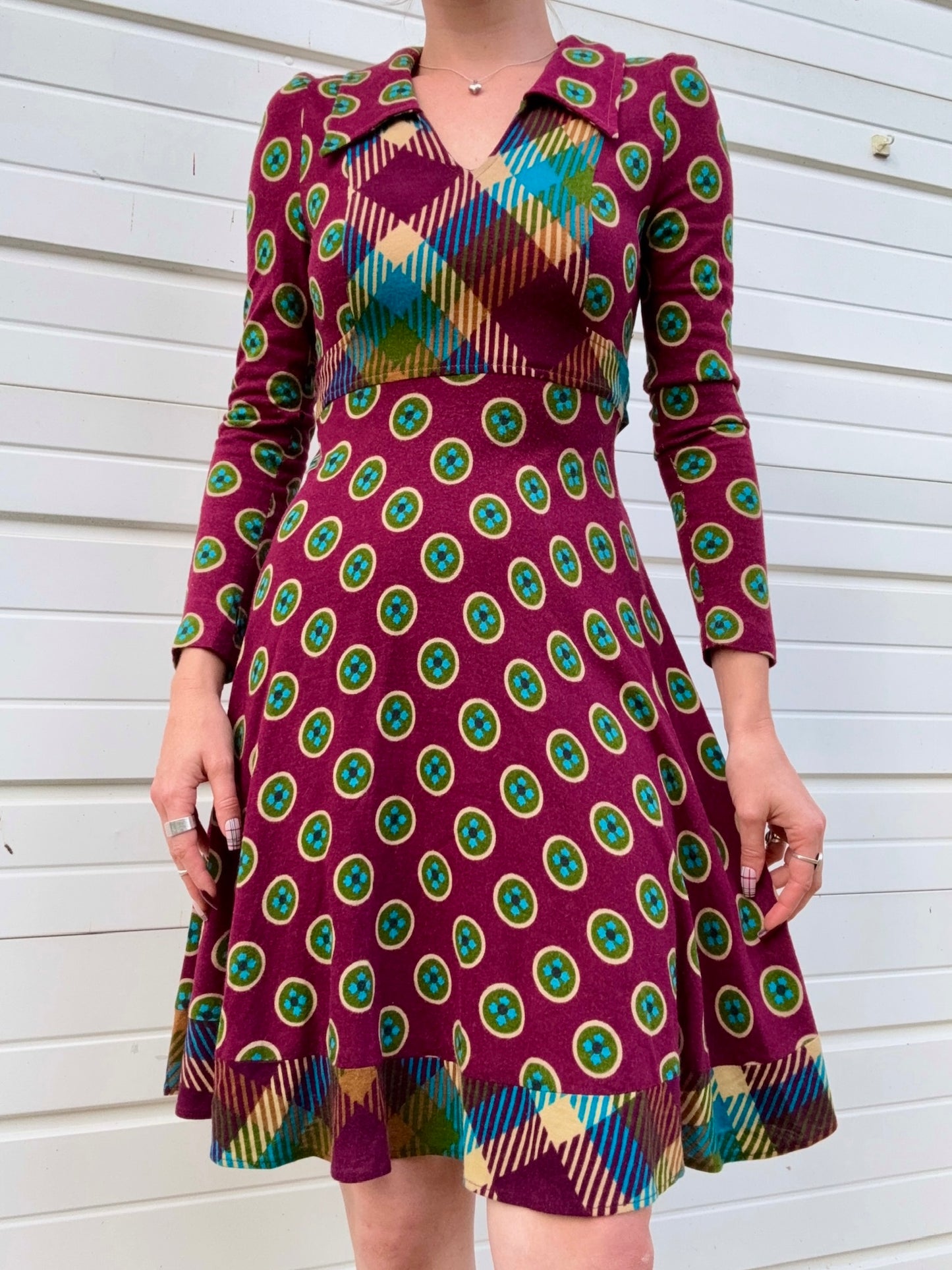 Vintage 1960s Mindy Malone Burgundy Multi-Pattern Collared Dress | XS