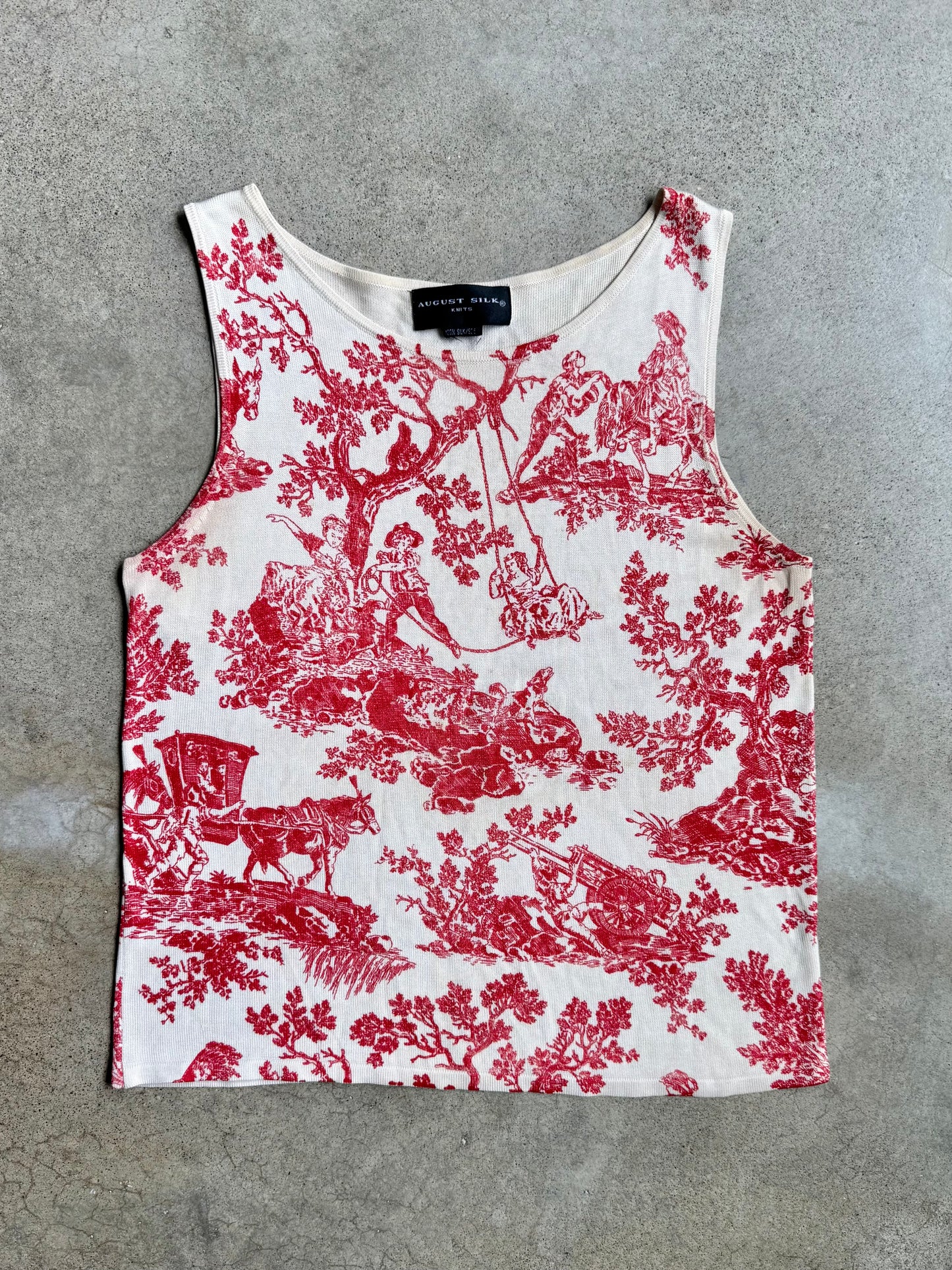 Vintage 1990s August Silk Red & Cream Toile Print 100% Silk Knit Tank Top | Medium