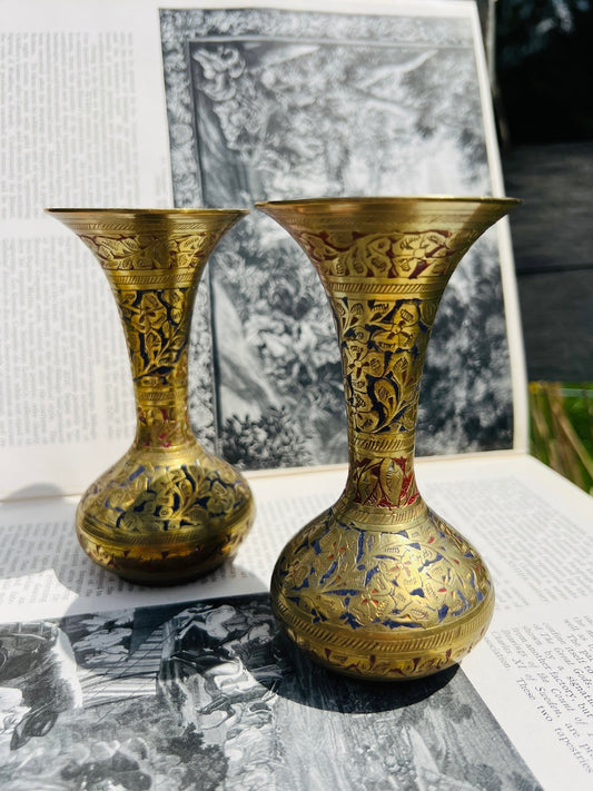 Vintage 1950s Solid Brass Floral Etched Bud Vases | Set of 2