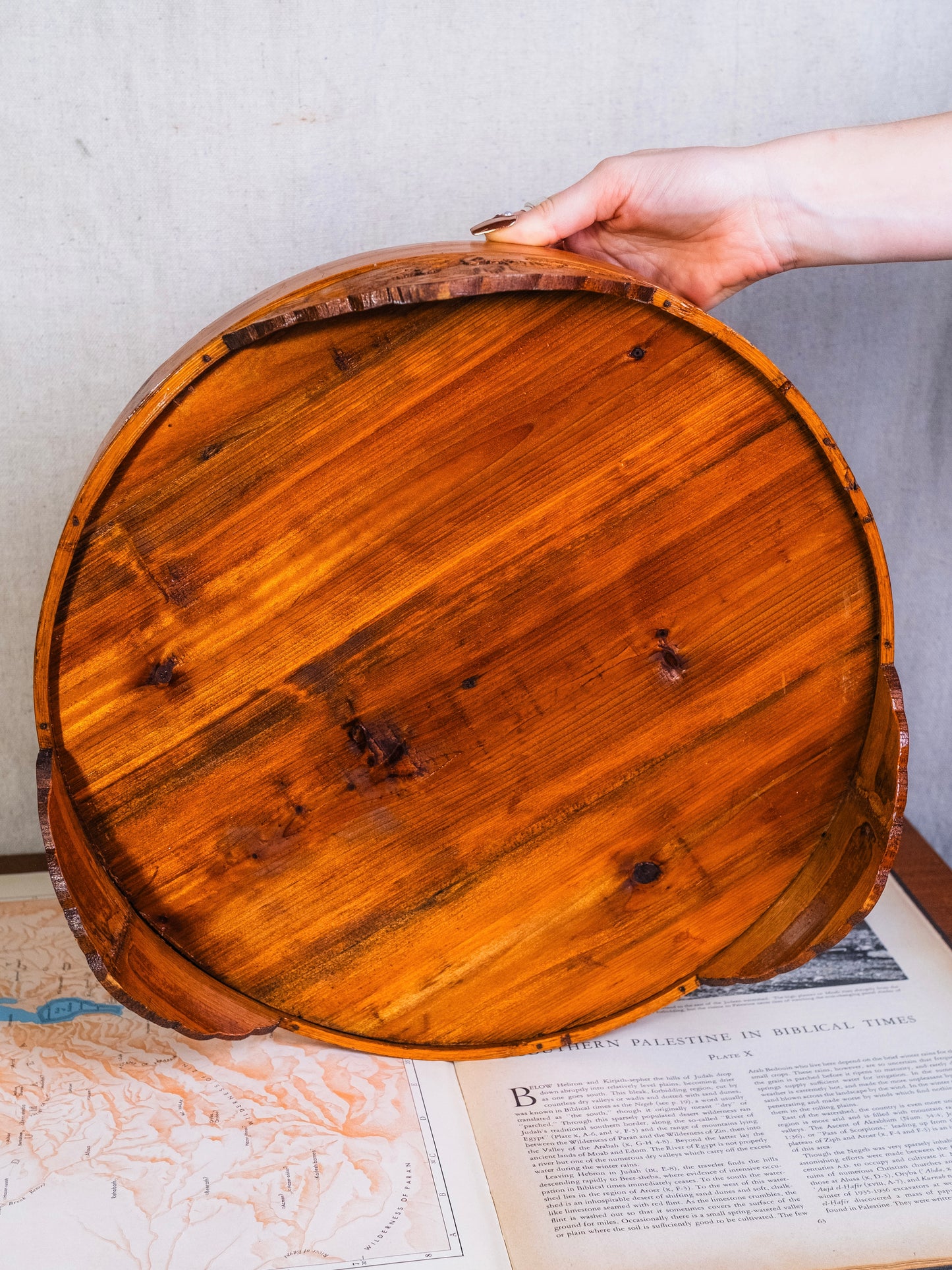 Vintage 1940s Round Chinese Wood-Carved Tray