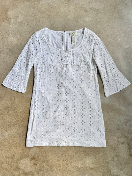 Vintage 1990s ICE White Floral Eyelet Cotton Mini Dress | Medium
