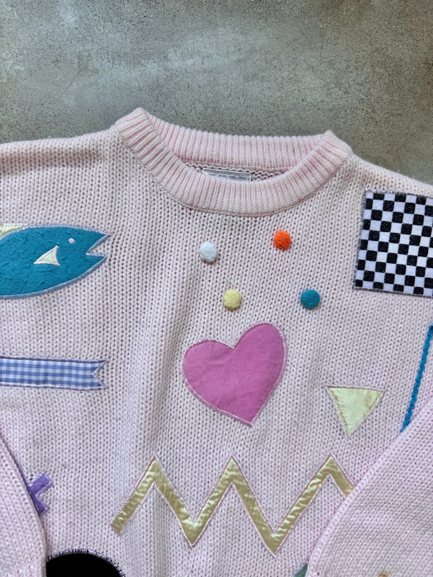 Vintage 1980s Extra Touch Pink Multi Embroidered Patch Sweater | XL