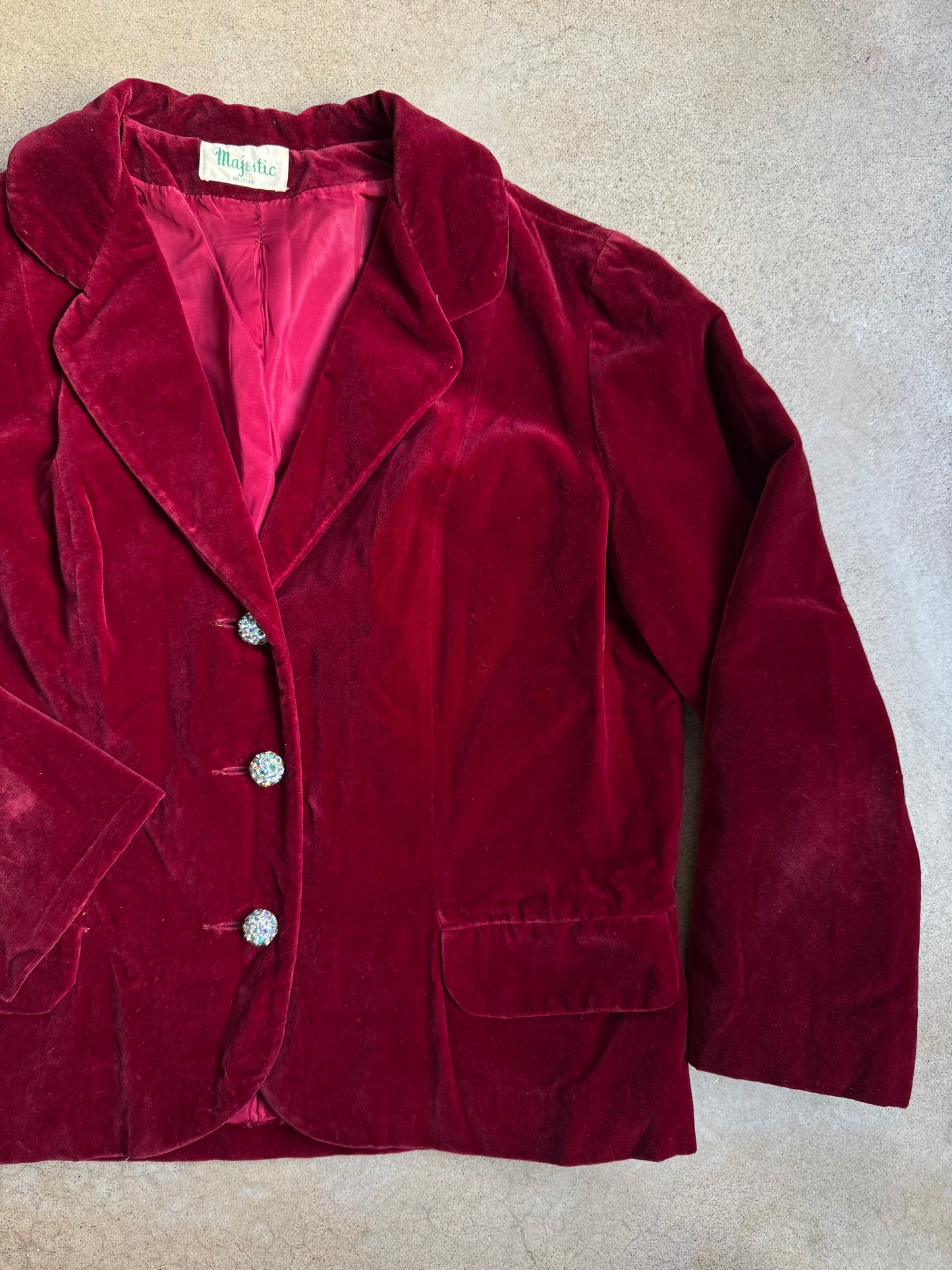 Vintage 1950s Majestic Red Velvet Rhinestone Button Blazer | Small