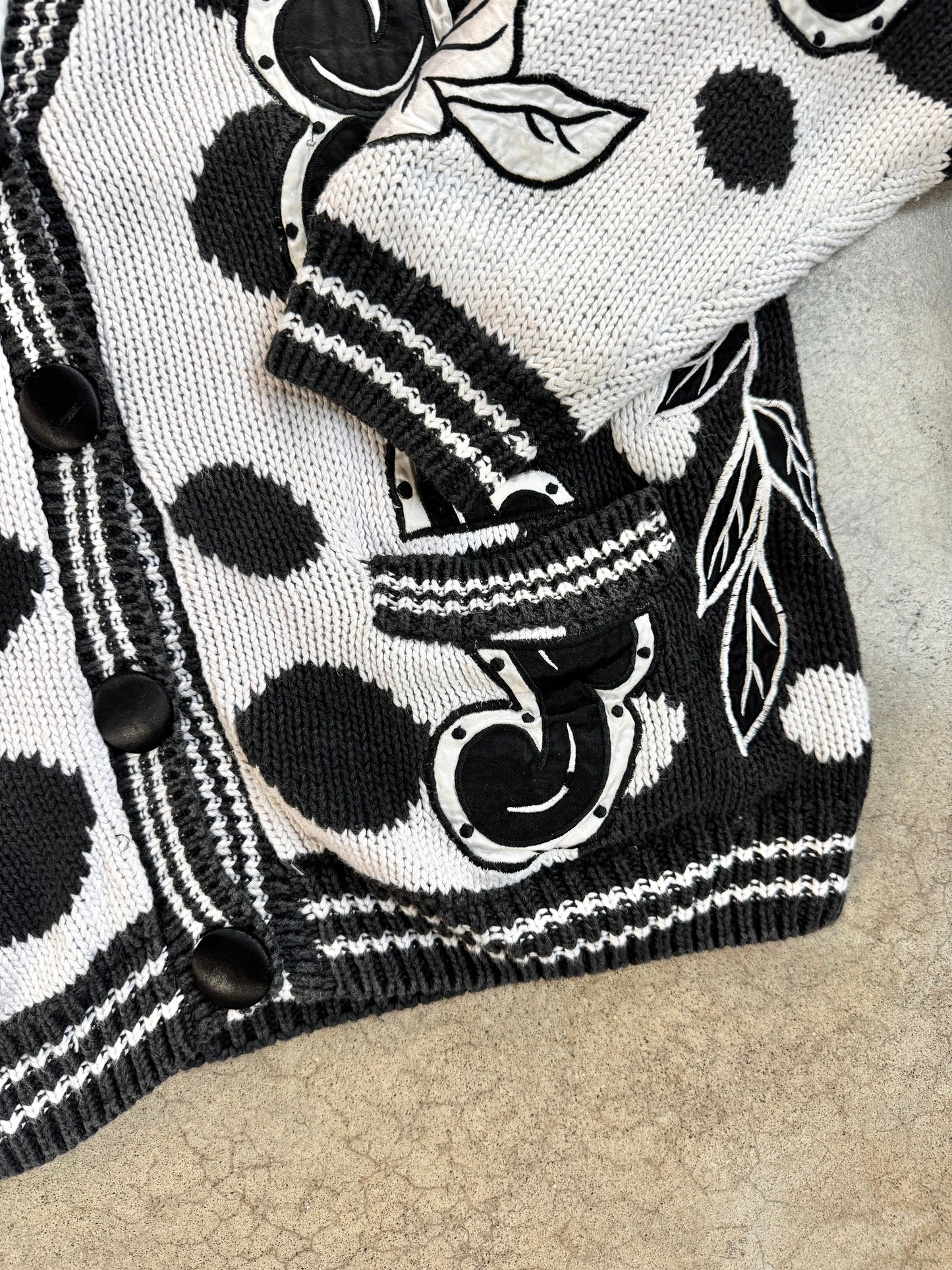 Vintage 1980s No! Jeans Black & White Floral Pattern Cardigan | One Size