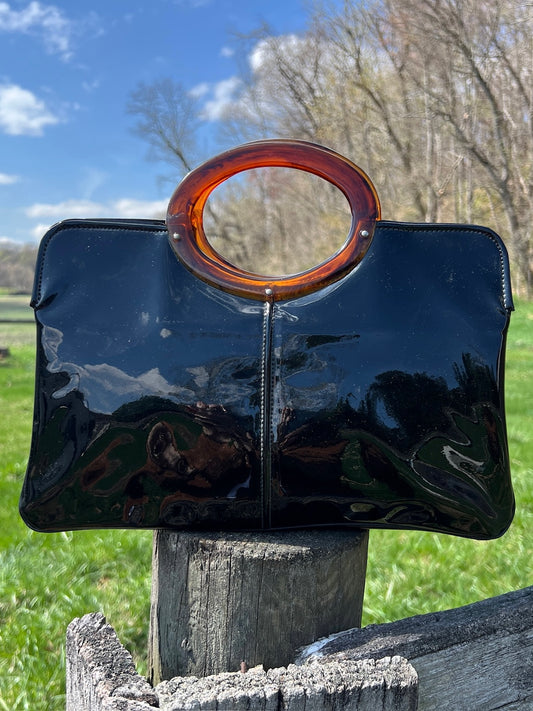 Vintage 1960s Black Vinyl Tortoiseshell Handle Handbag