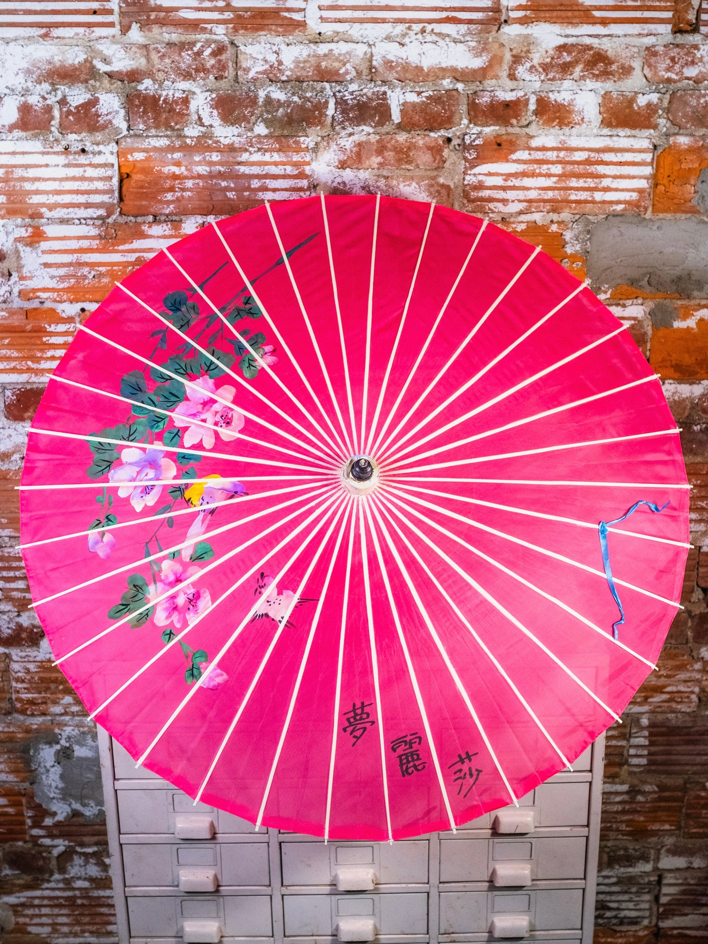 Vintage Asian Bamboo Pink Floral Hand-Painted Parasol
