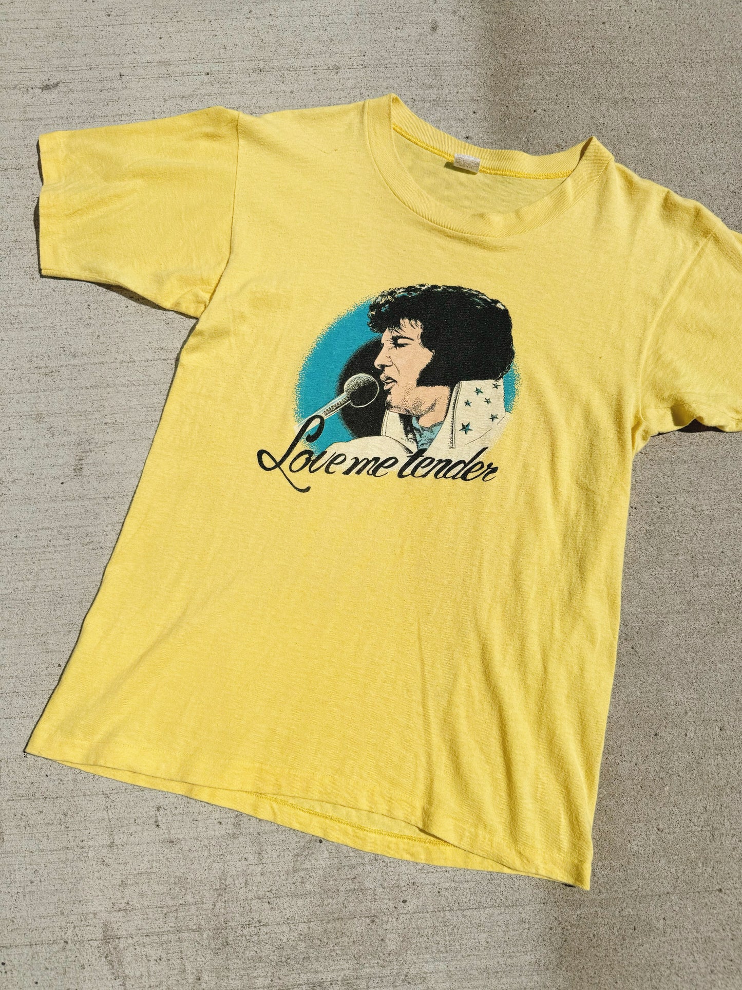 Vintage 1970s Elvis Love Me Tender Yellow Graphic Tee