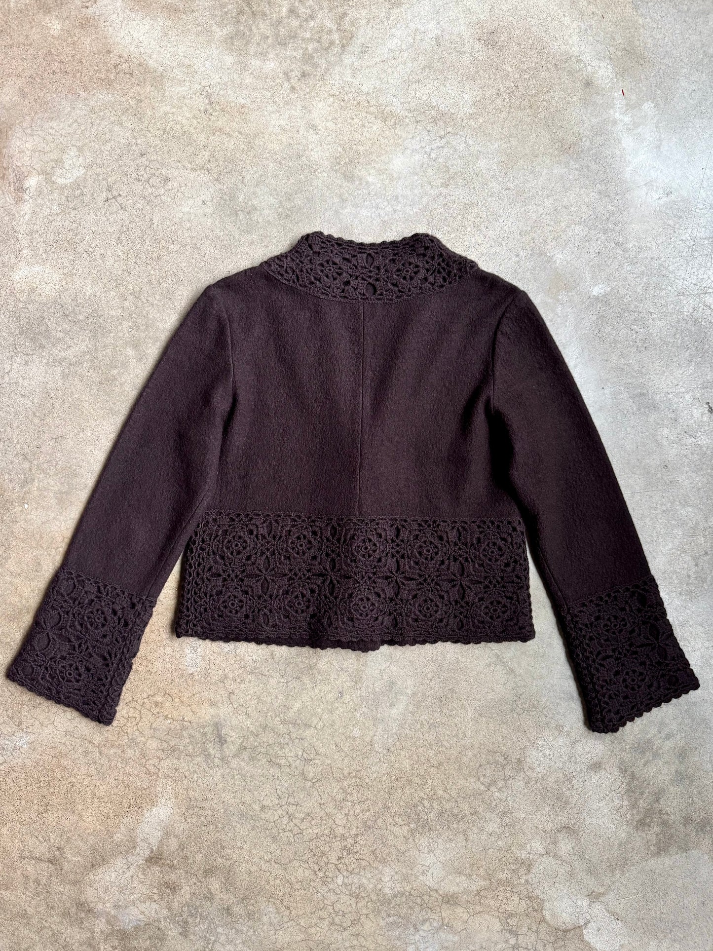 2000s Talbots Collection Brown Wool Crochet Trim Cardigan | Large