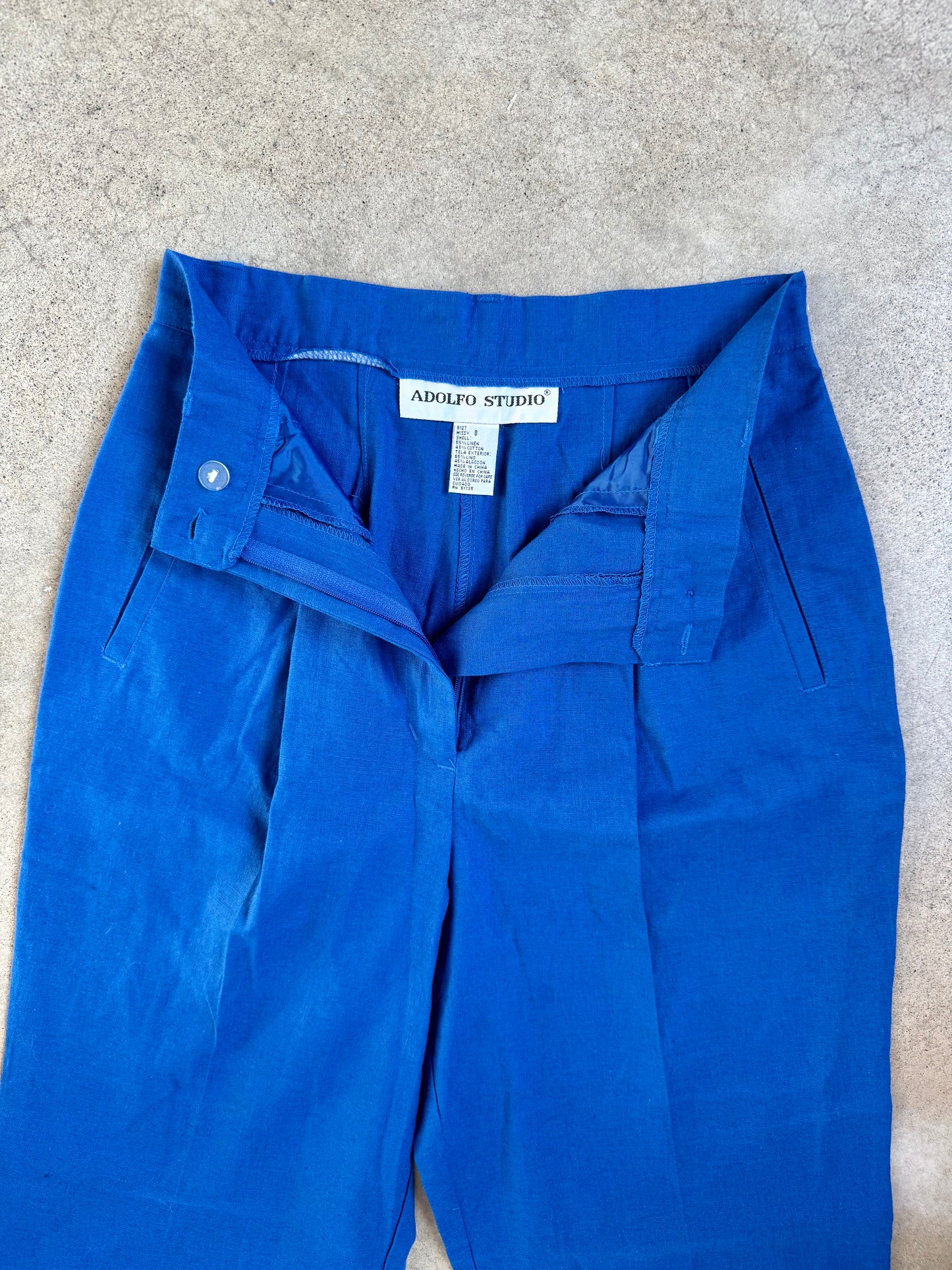 Vintage 1990s Adolfo Studio Cobalt Blue Linen & Cotton High-Waist Trousers | Waist 27”