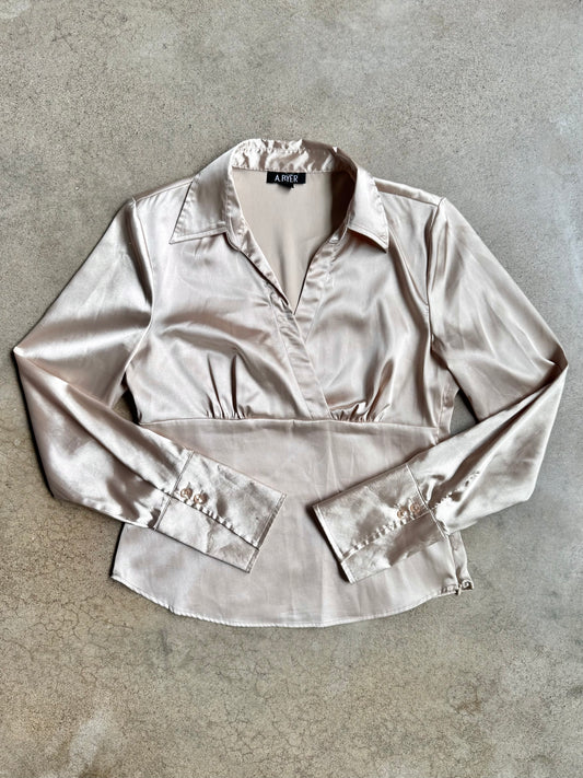 Vintage Y2K A. Byer Gold Satin Long Sleeve V-Neck Blouse | Large