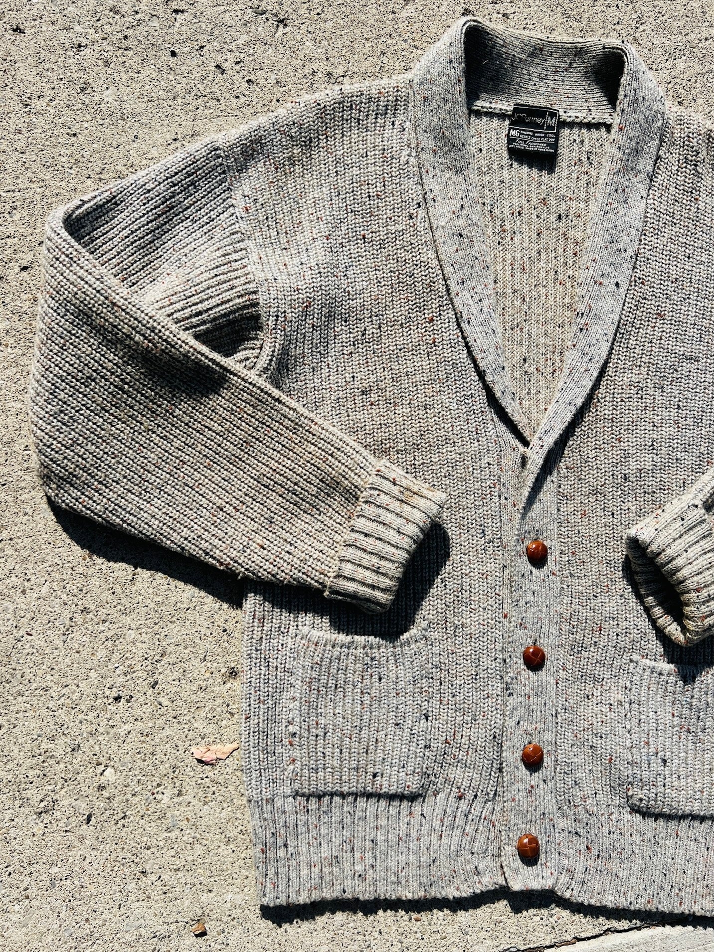 Vintage 1970s JCPenney Grey Speckled Wool Knit Cardigan | Medium