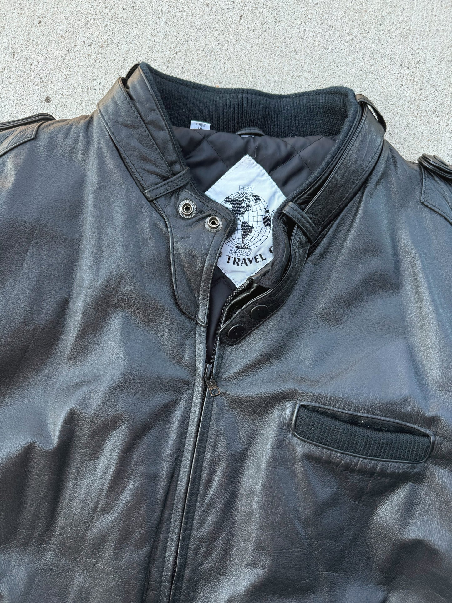 Vintage 1980s World Travel Club Black Leather Bomber Jacket