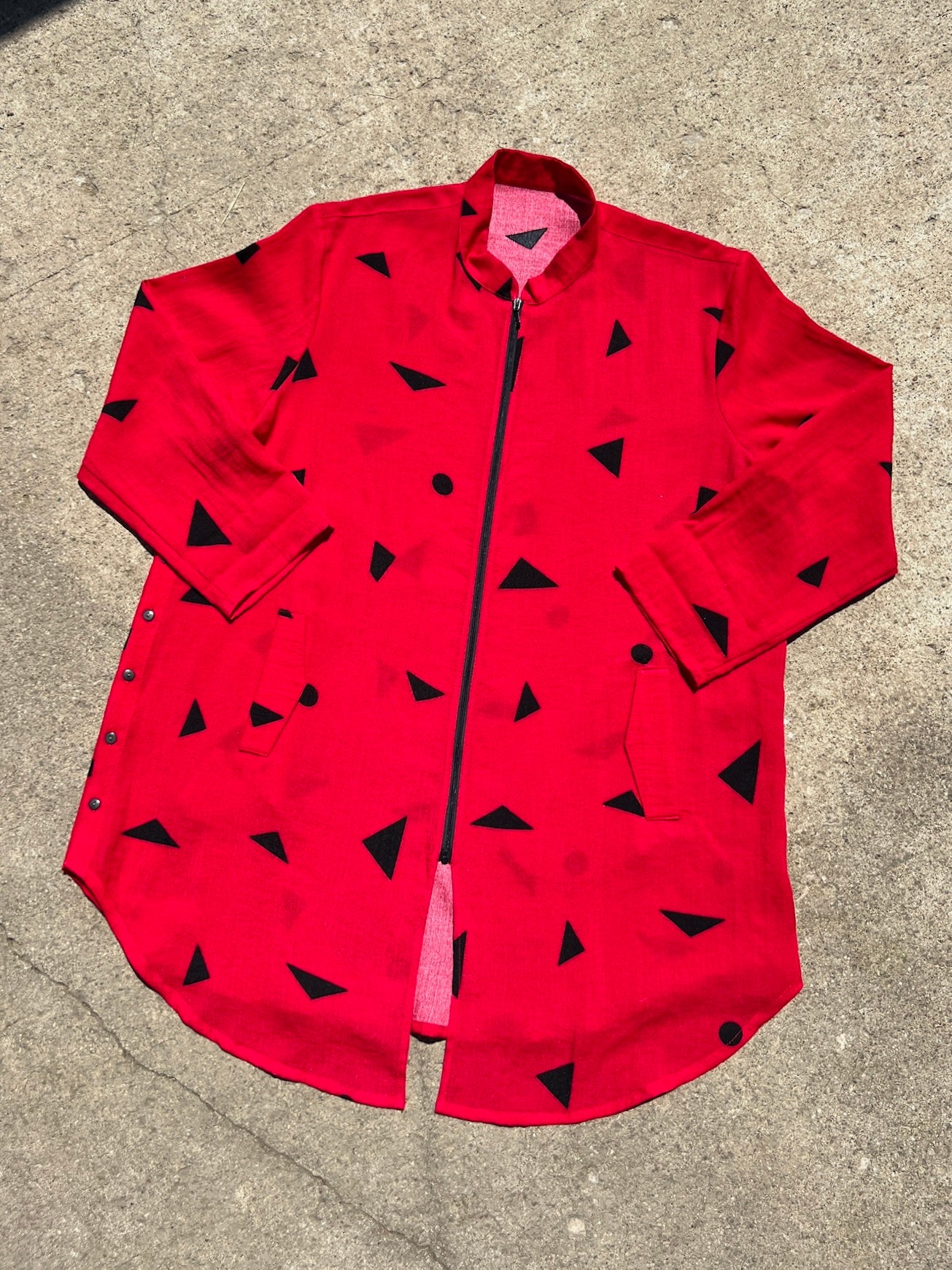 Fridaze Red Geometric Pattern Zip-Up Linen Jacket | L/XL