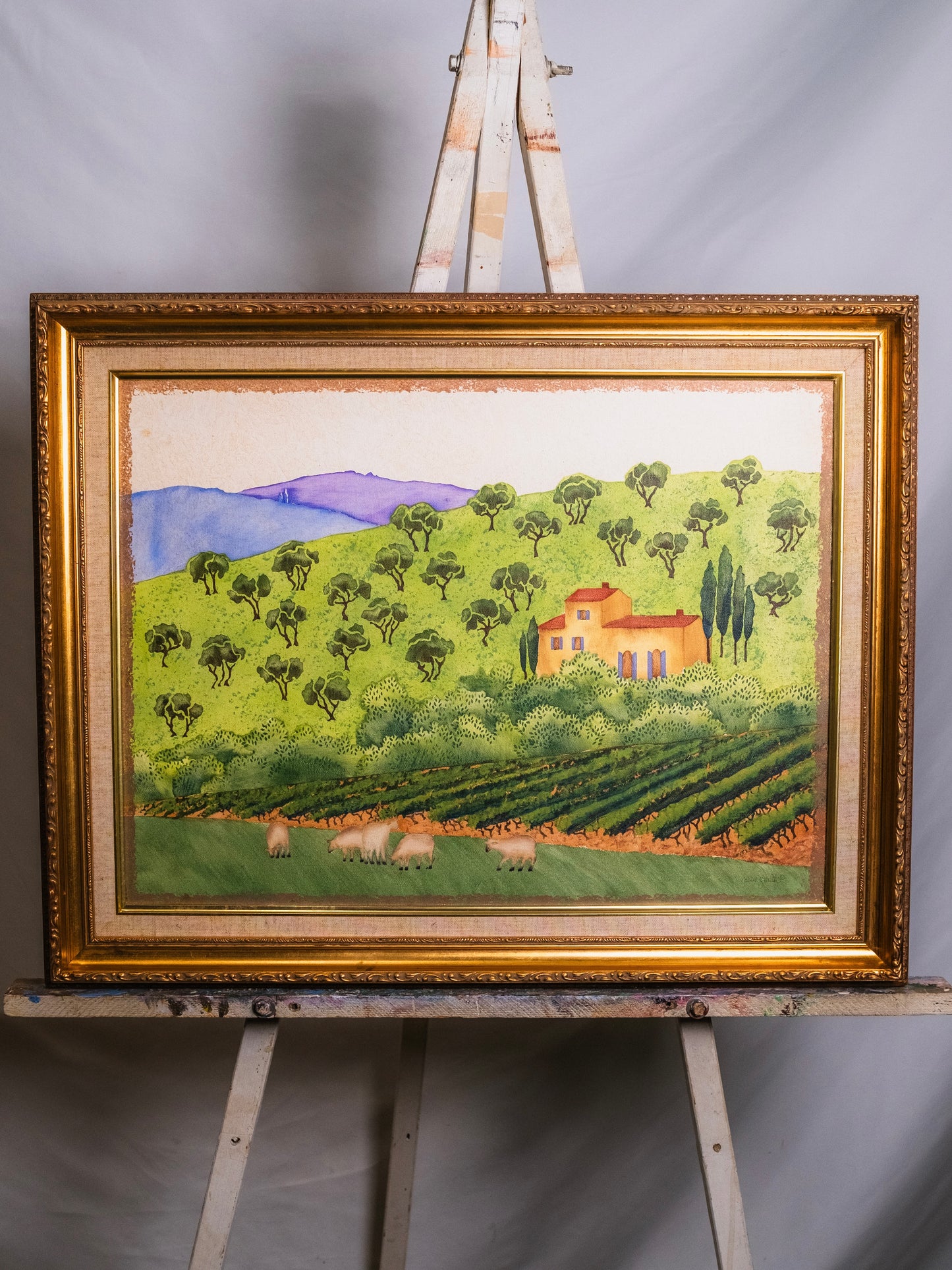 Framed & Signed Tuscan Hill Landscape Watercolor On Canvas