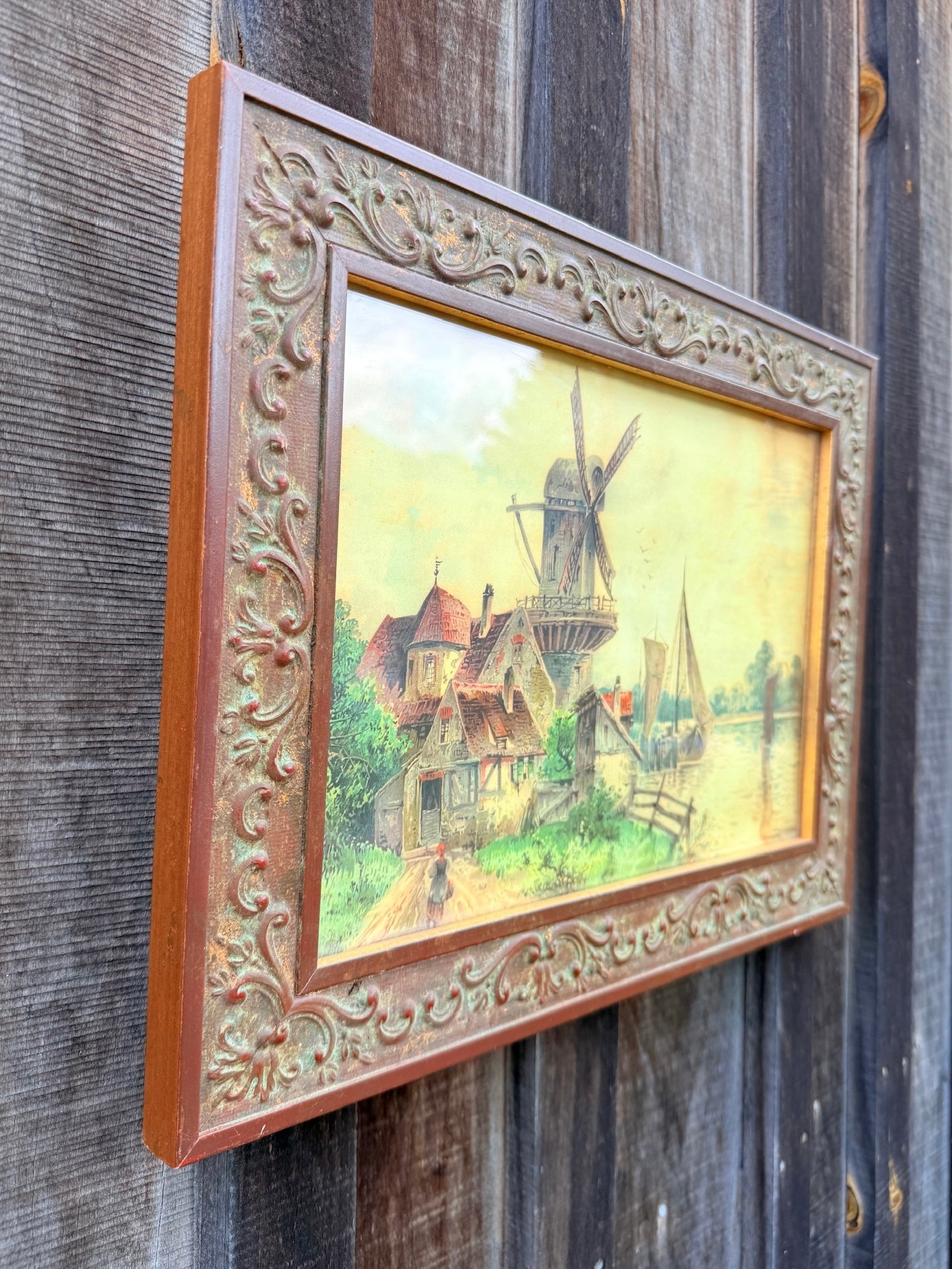 Vintage 1950s Framed Dutch Windmill Landscape Print Art
