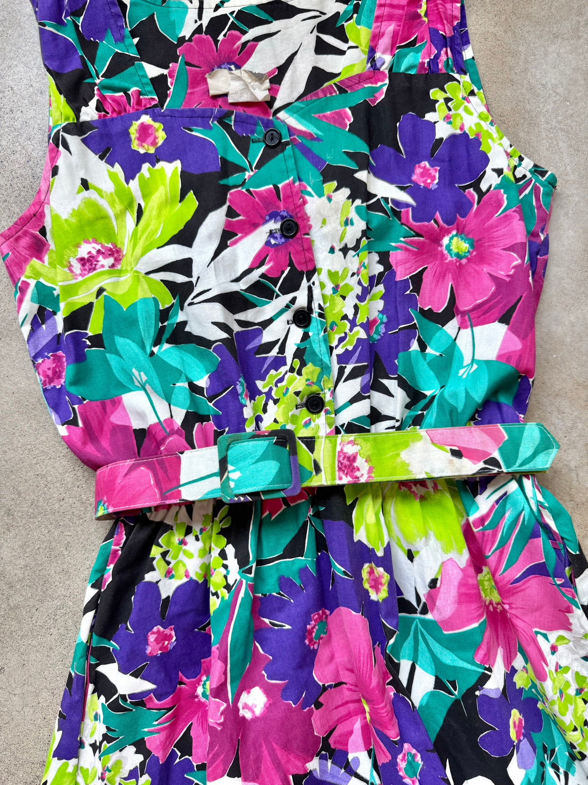 Vintage 1980s Kitty Koyle Bright Floral Belted Sleeveless Cotton Dress | Medium