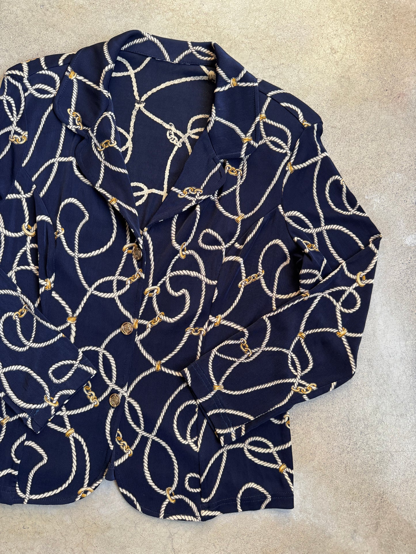 Vintage 1980s Navy Blue Nautical Rope Print Slinky Blouse | Medium