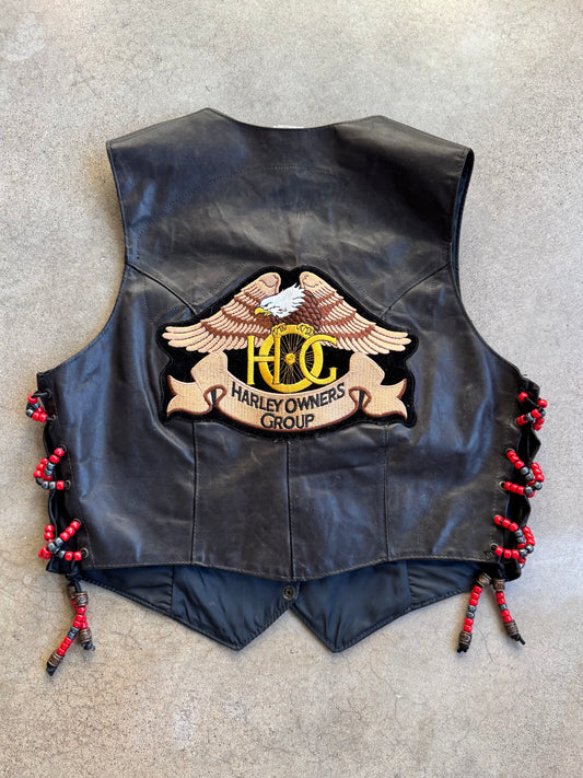 Vintage 1970s Black Leather Beaded Lace-Up Harley Patched Vest | XL
