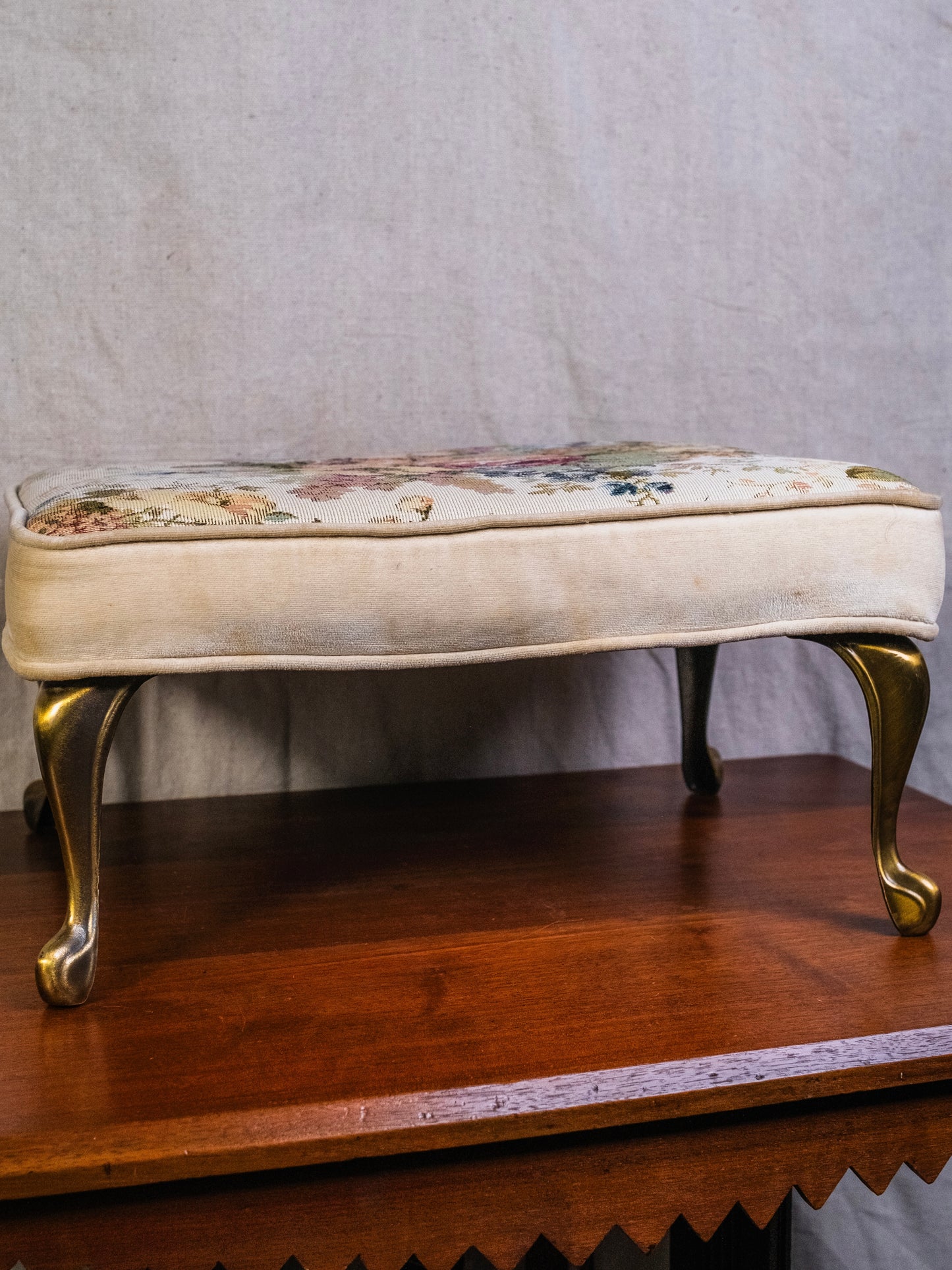 Vintage 1950s Brass Footed Floral Tapestry Footstool