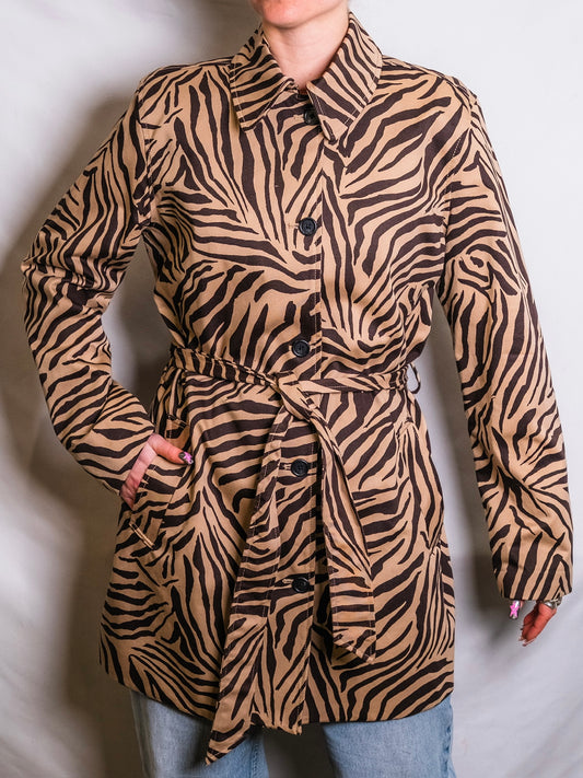 Vintage 1990s Brown Zebra Print Short Trench Coat | Medium