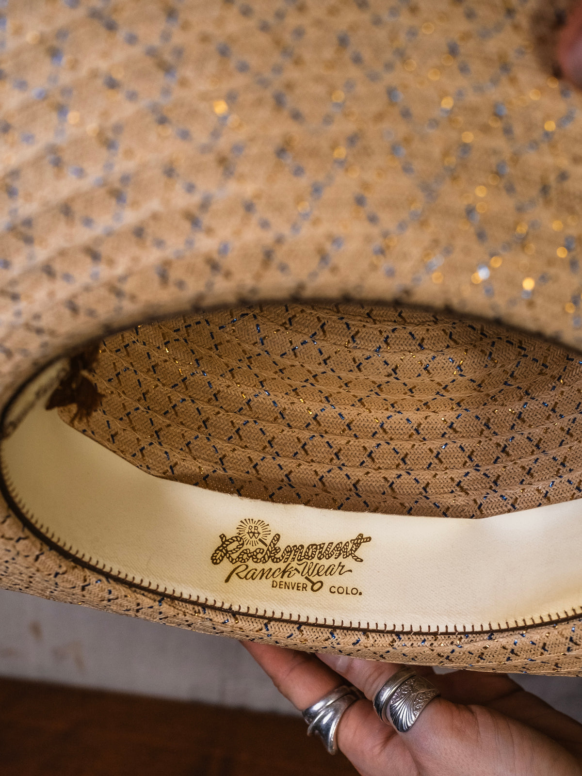 Vintage Rockmount Ranchwear Blue & Gold Metallic Straw Cowboy Hat