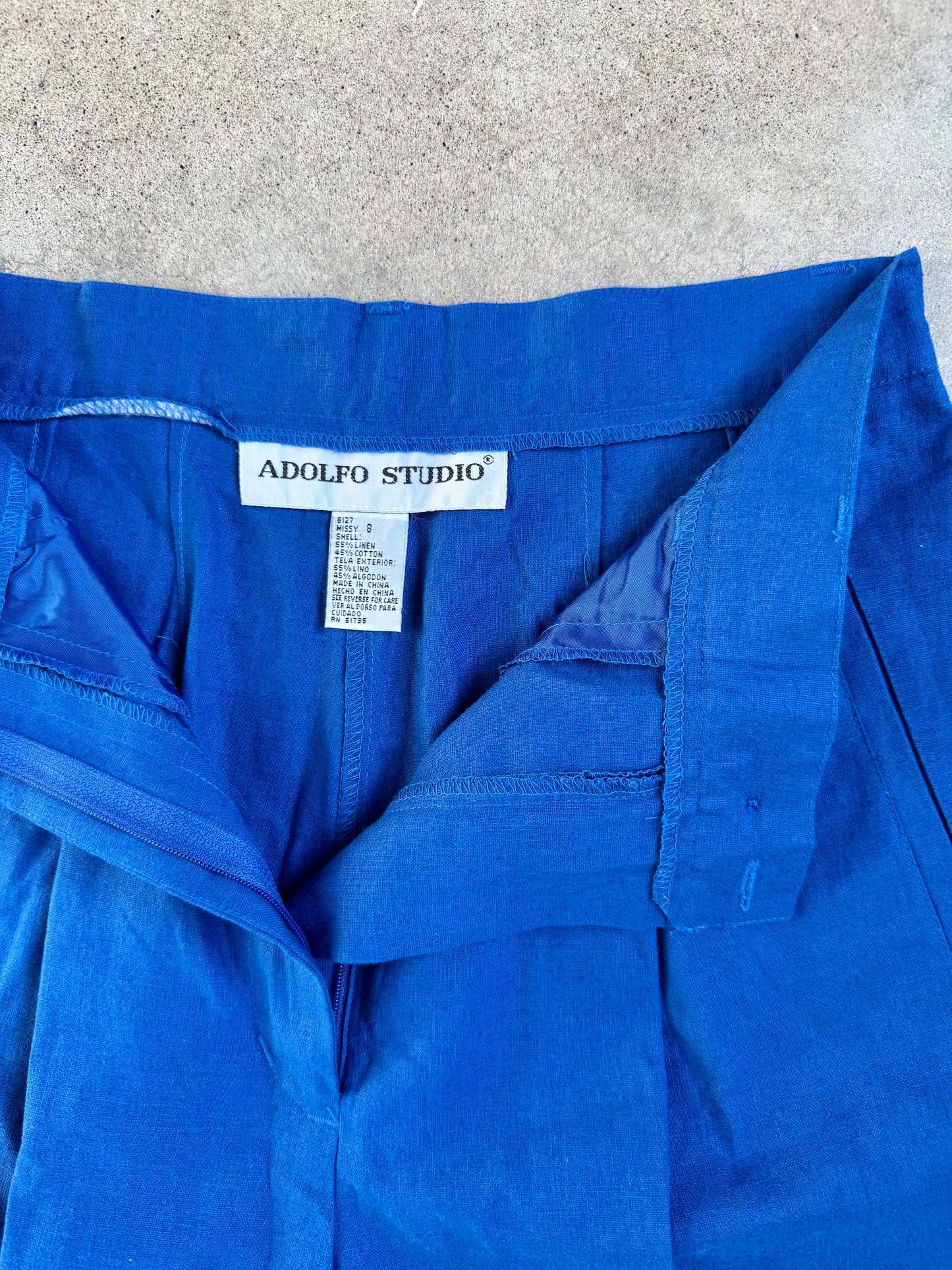 Vintage 1990s Adolfo Studio Cobalt Blue Linen & Cotton High-Waist Trousers | Waist 27”