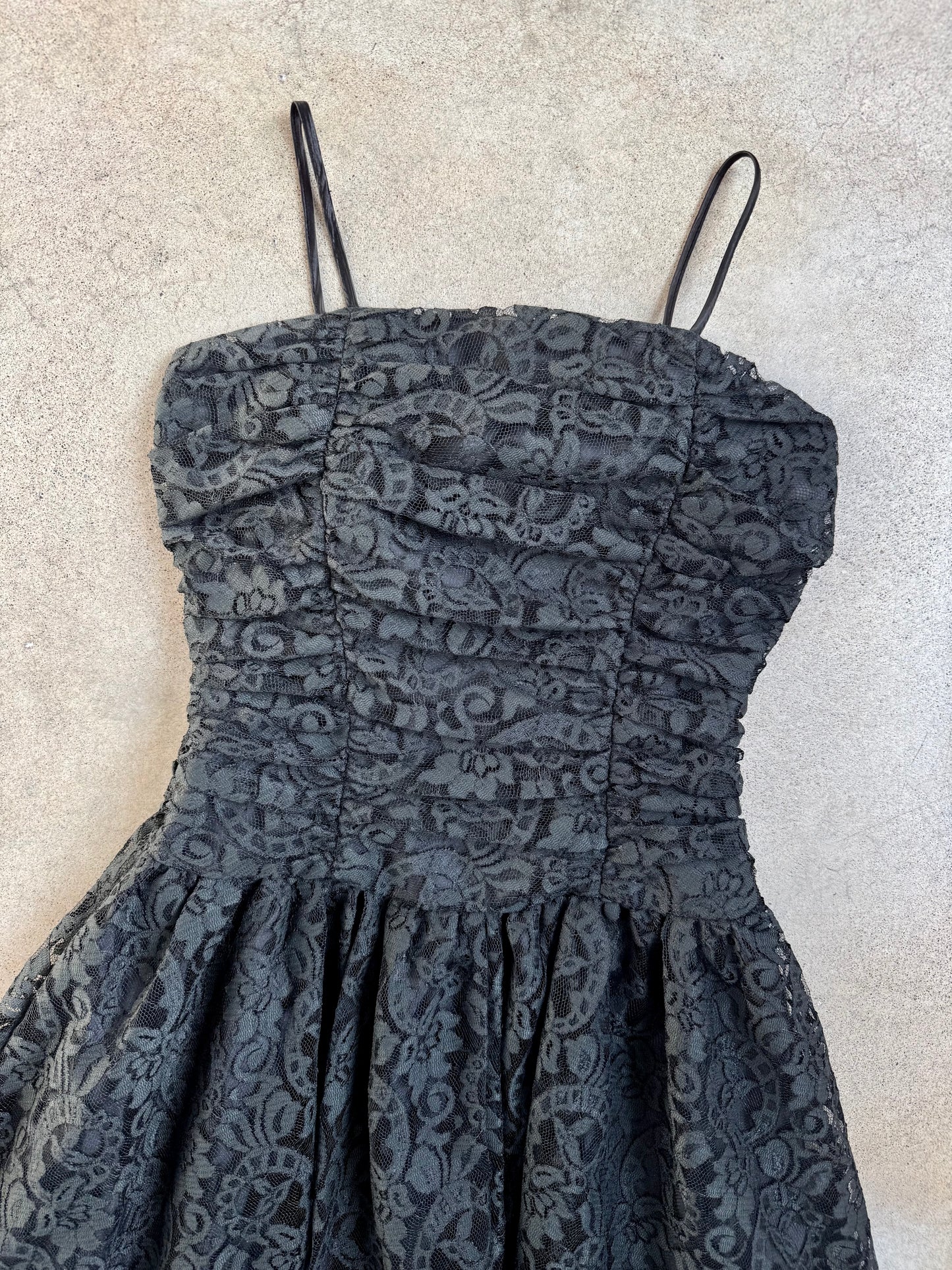 Vintage 1980s Black Floral Lace Tea-Length Formal Dress | XS