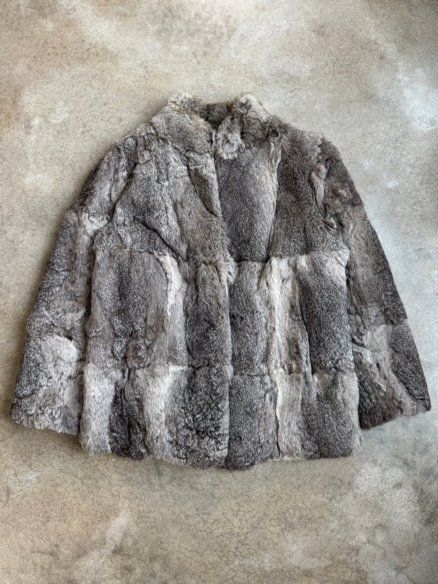 Vintage 1980s Beautifur Grey & Brown Speckled Rabbit Fur Coat | L/XL