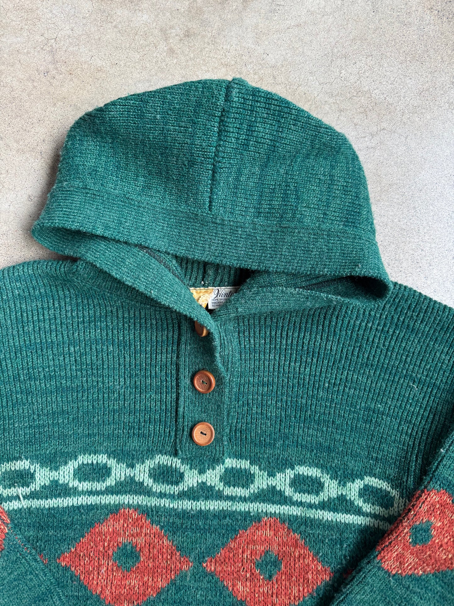 Vintage 1960s Sabra Wintuk Green Southwest Pattern Hooded Sweater | Small