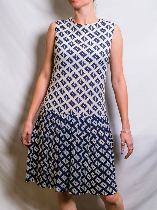 Vintage 1960s Andrea Gayle Blue & White Geometric Pattern Drop Waist Dress | S/M