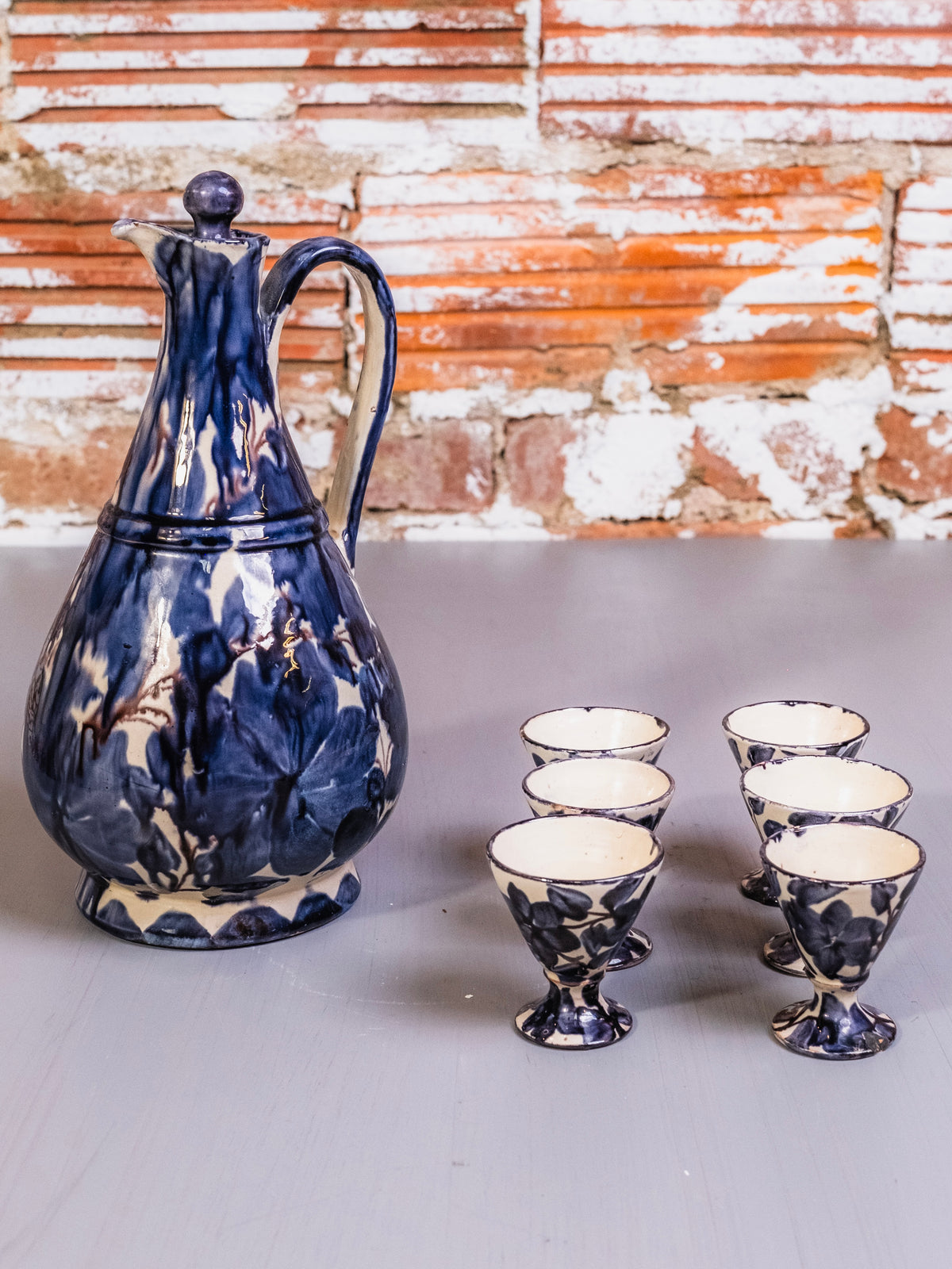 Vintage Oaxaca Mexican Chorreada Pottery Pitcher & Goblets Set
