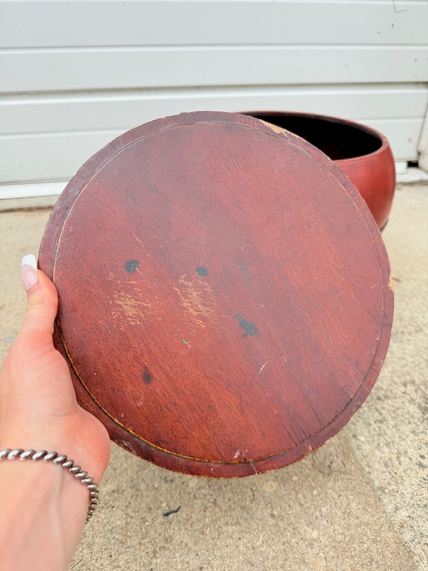 Antique Chinese Red Laquered Wood Rice Box