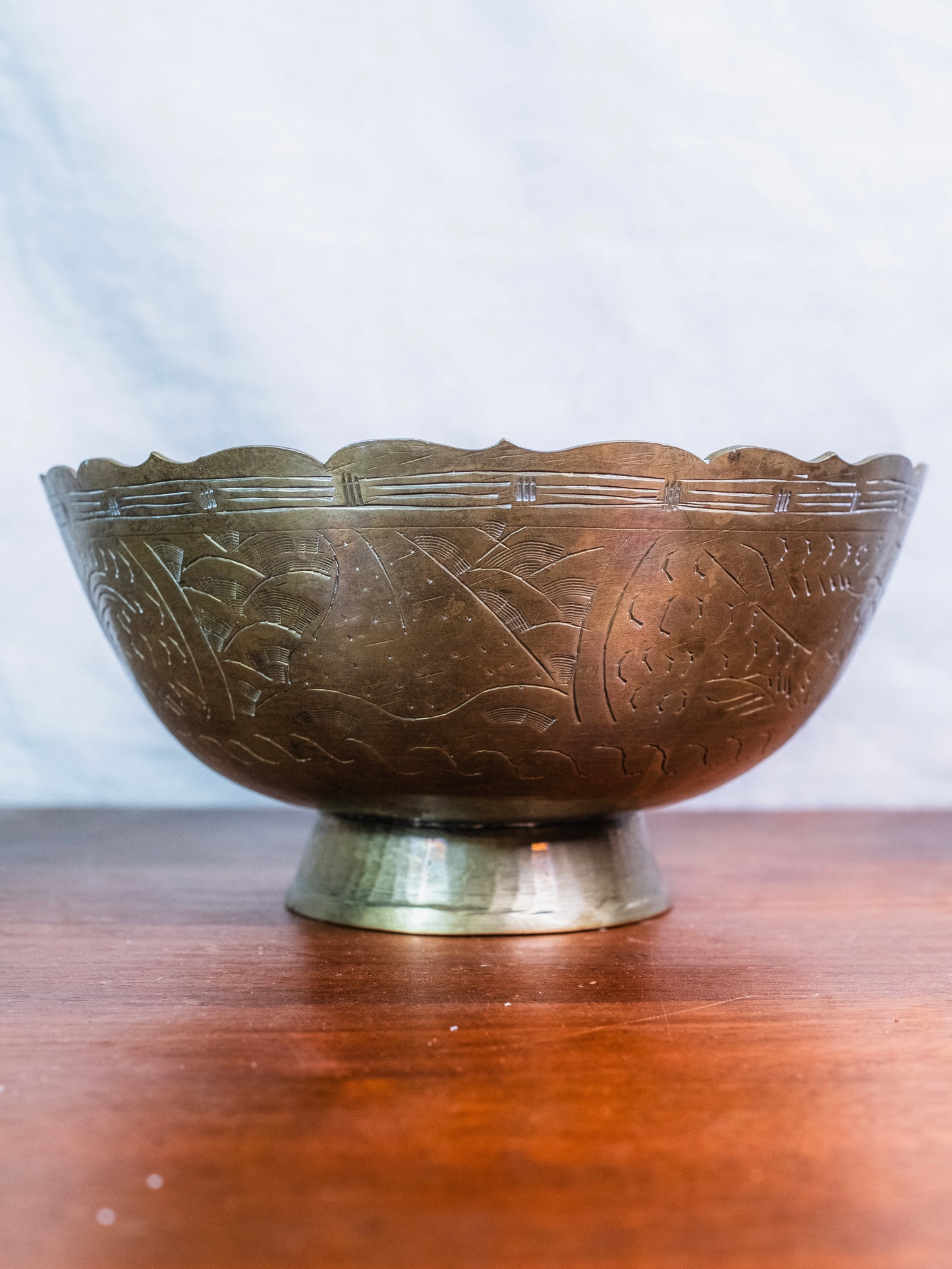 Vintage 1950s Solid Brass Etched Pedestal Bowl