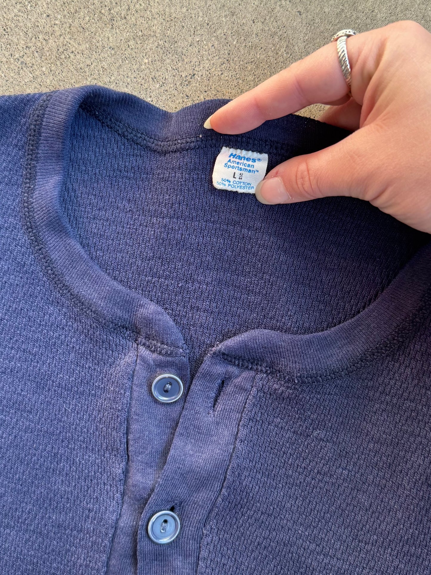 Vintage 1980s Hanes Navy Blue Henley Thermal | Large