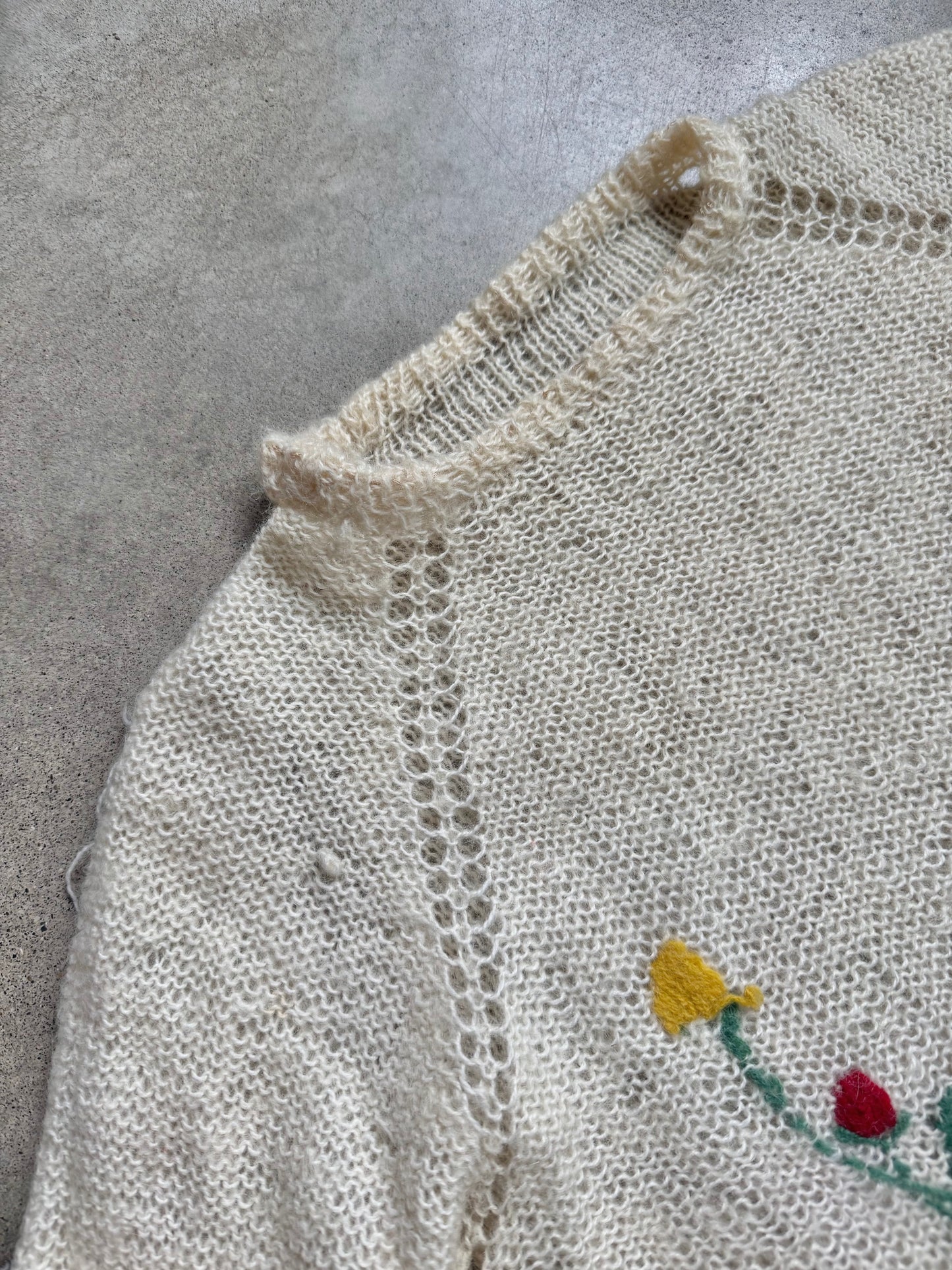 Vintage 1970s Hand-Knit Floral Embroidered Mohair-Blend Sweater | Large