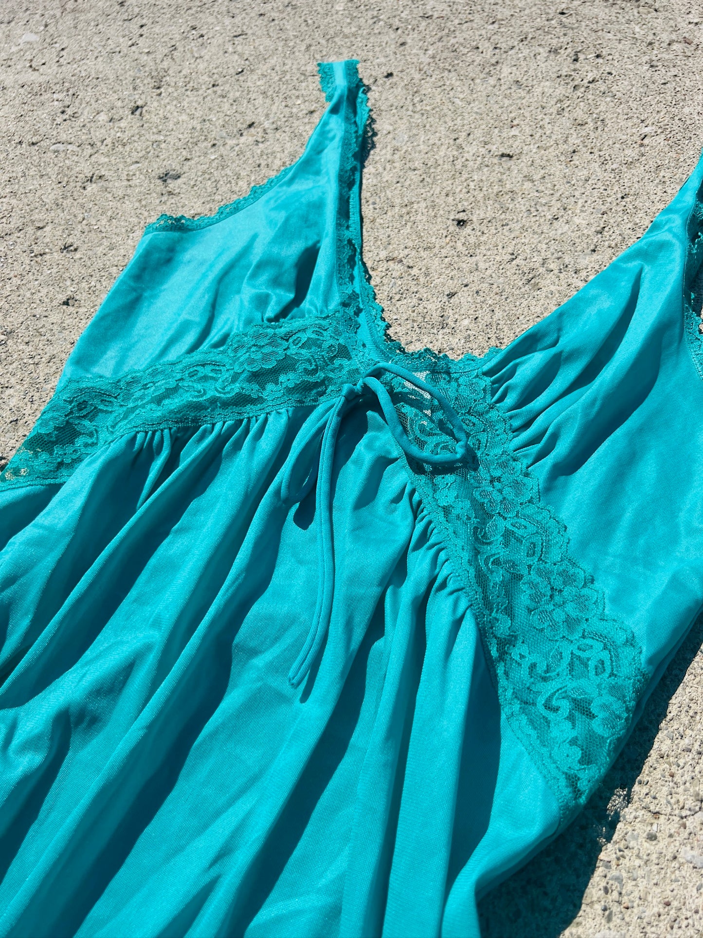 Vintage 1970s Teal Lace Maxi Slip Dress