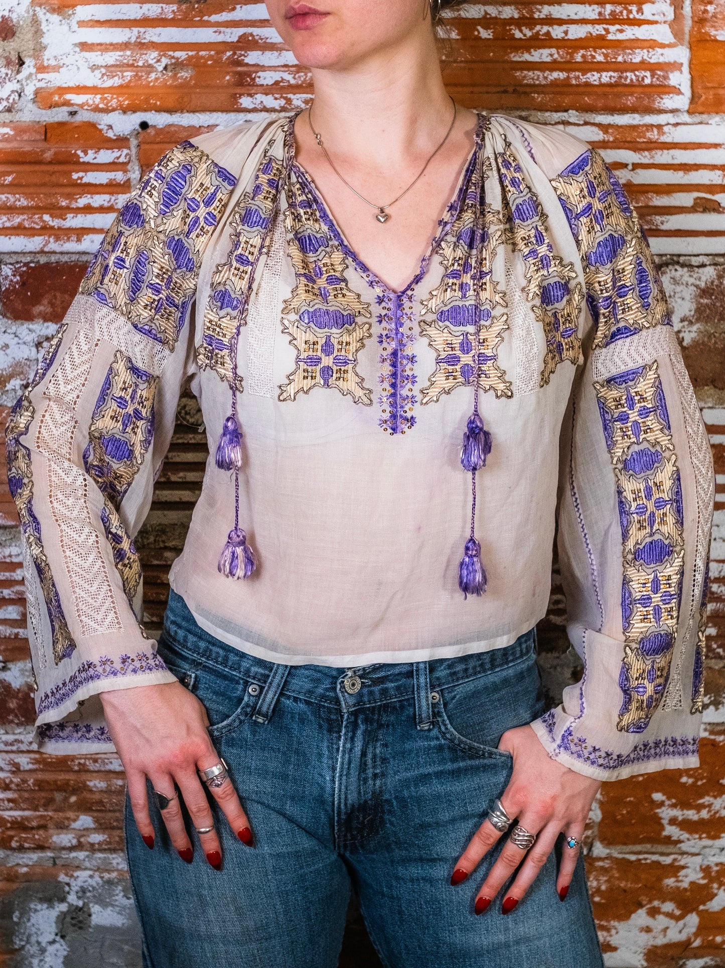 Vintage Romanian Folk Embroidered Gauze Peasant Blouse | Small
