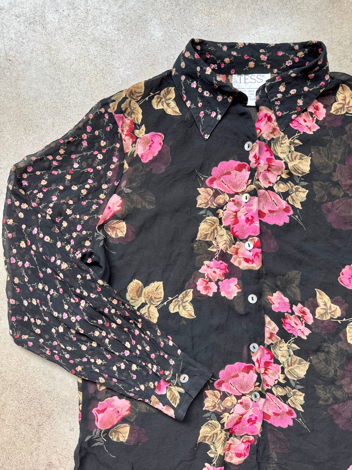 Vintage 1990s Tess Multi Floral Print 100% Silk Sheer Blouse | Large