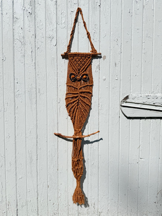 Vintage 1970s Handmade Owl Jute Macrame Plant Holder
