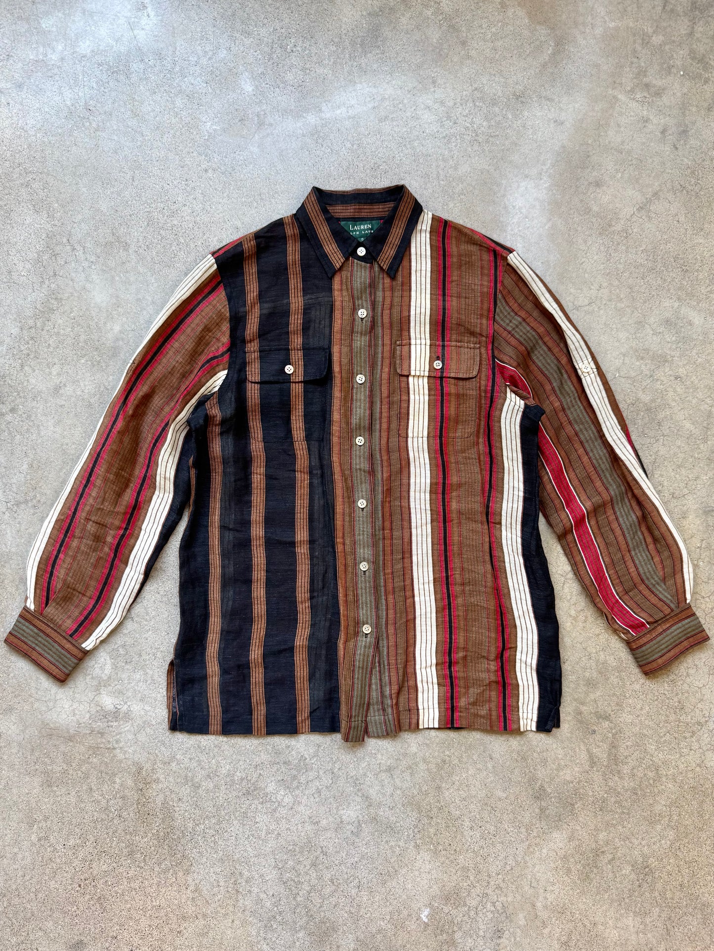 Vintage 1990s Lauren Ralph Lauren Striped Silk & Linen Buttoned Shirt | Small