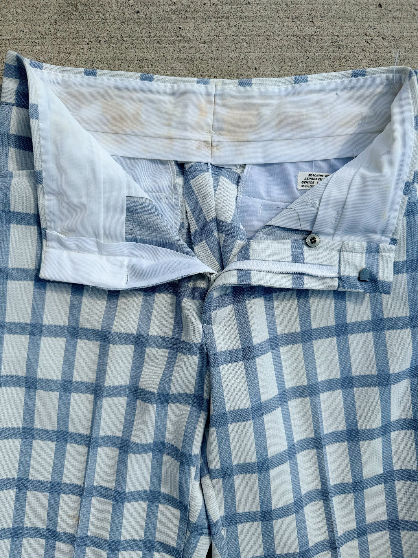 Vintage 1970s Blue/White Plaid Polyester Wide Leg Pants