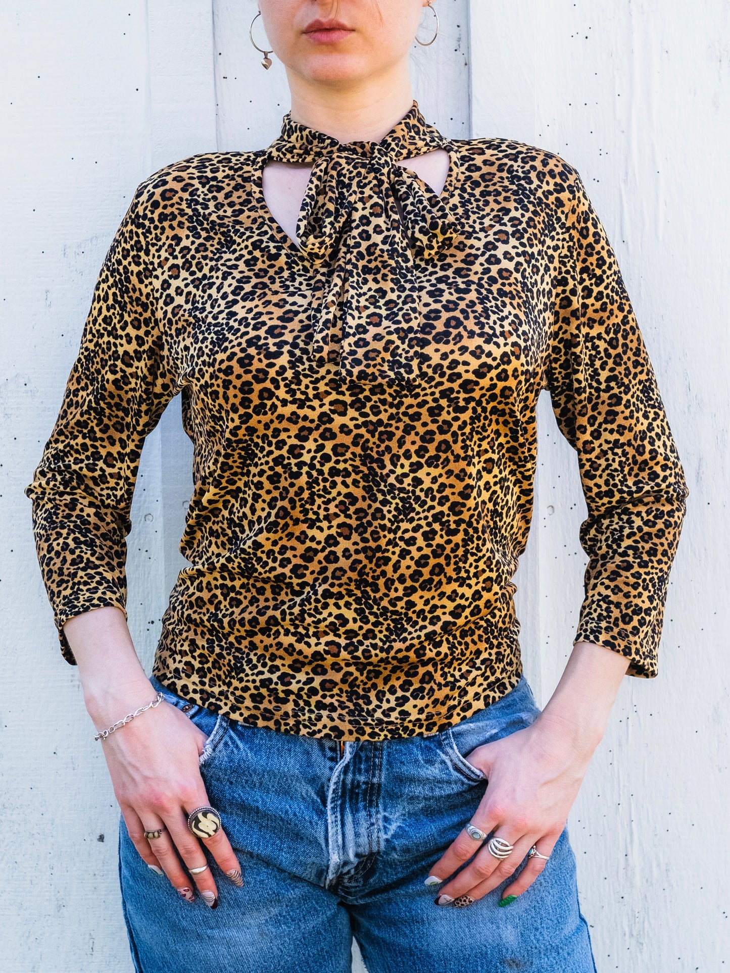 Vintage 1990s Heavenly Leopard Print Tie-Neck Blouse | Large