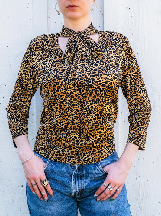 Vintage 1990s Heavenly Leopard Print Tie-Neck Blouse | Large