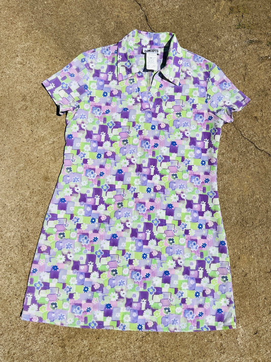 Vintage 1990s California Concepts Purple Floral Collared Shift Dress | Medium