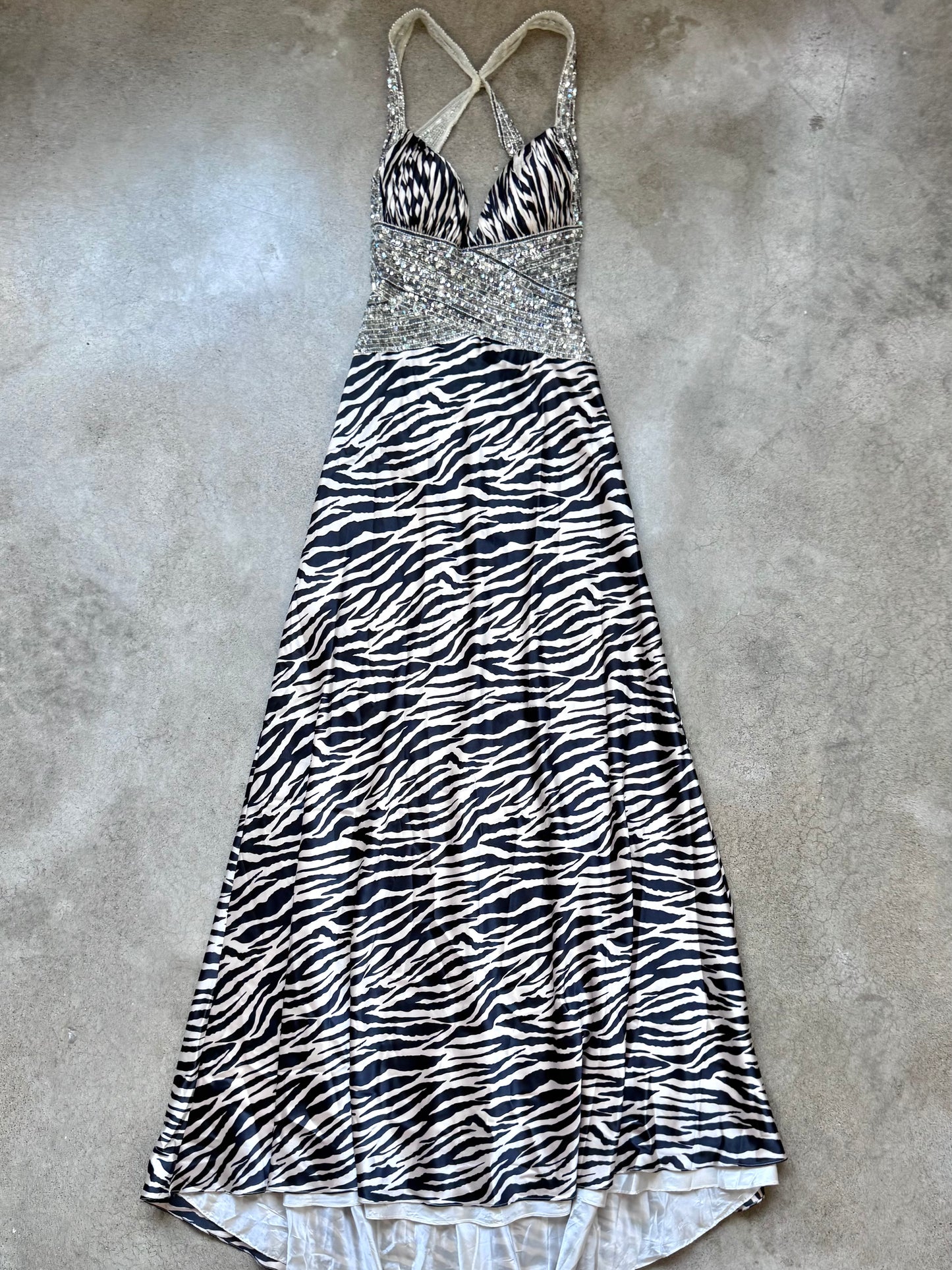 2000s Jovani Satin Zebra Print Sequined Floor Length Formal Dress | Small