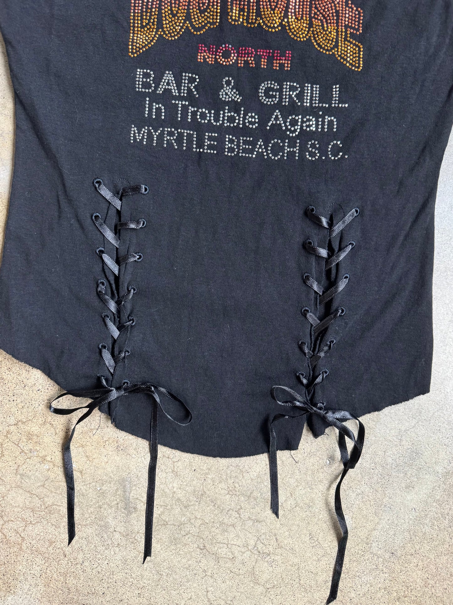2000s "The Dog House" Myrtle Beach Rhinestone Lace-Up Tank Top | Large