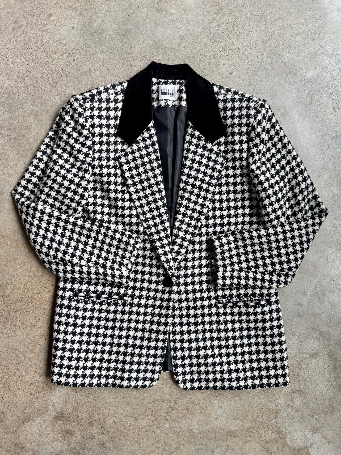 Vintage 1990s Leslie Fay Black Velvet Trim Houndstooth Wool Blazer | M/L